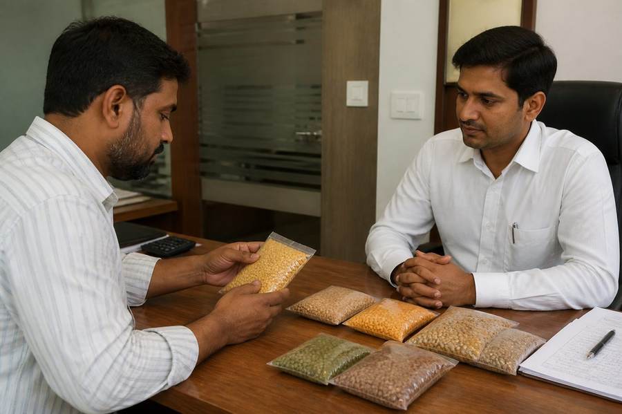 Buyer reviewing a sample with the desk